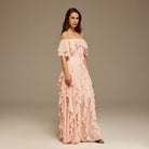 Pink Chiffon Off Shoulder Maxi Dress With Ruffles - shopaleena