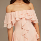 Pink Chiffon Off Shoulder Maxi Dress With Ruffles - shopaleena