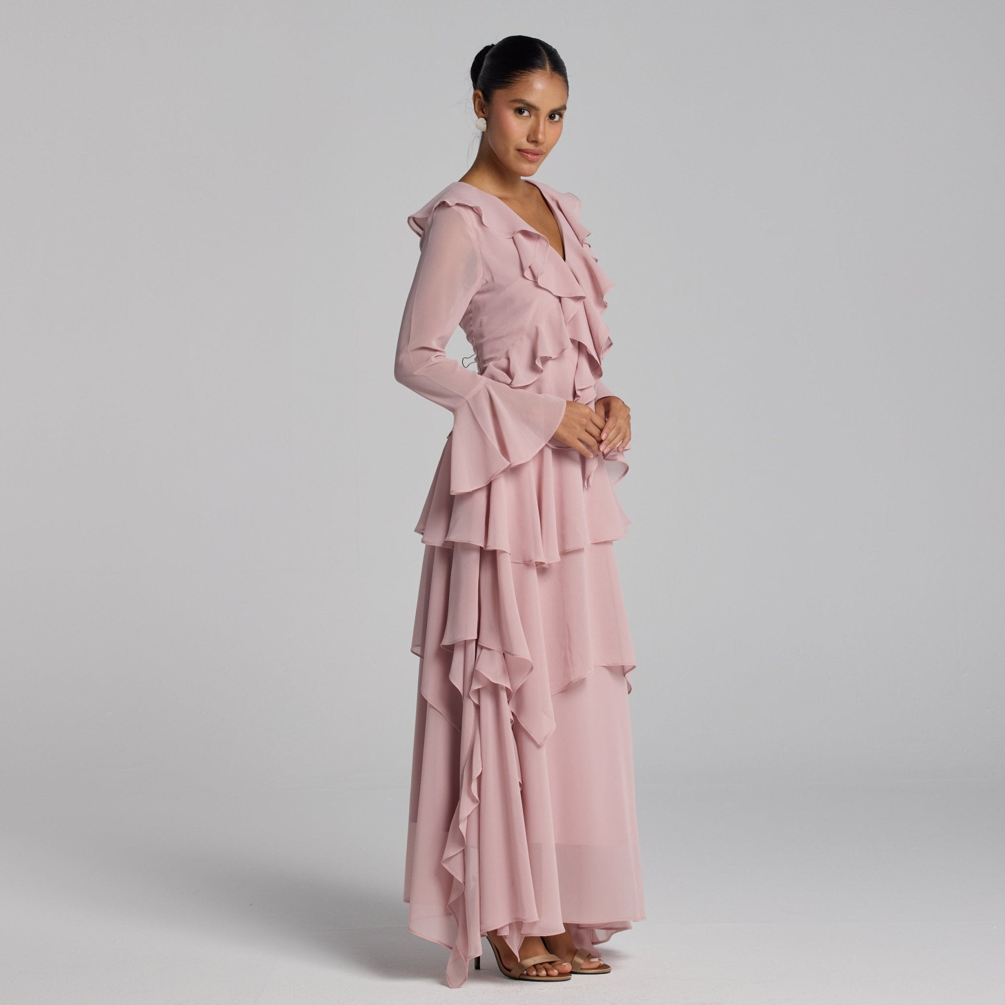 Pink Chiffon Ruffle Maxi Dress - shopaleena