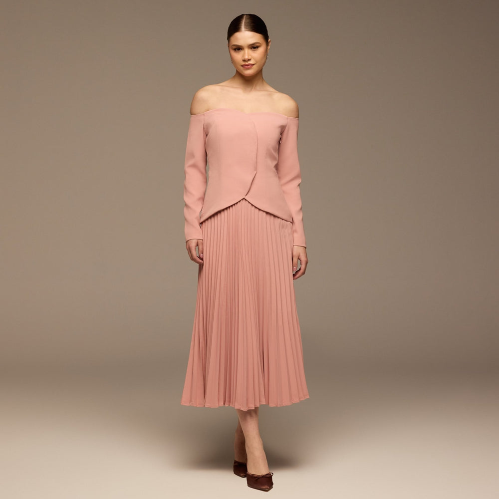 Pink Crepe & Chiffon Pleated Maxi Dress - shopaleena