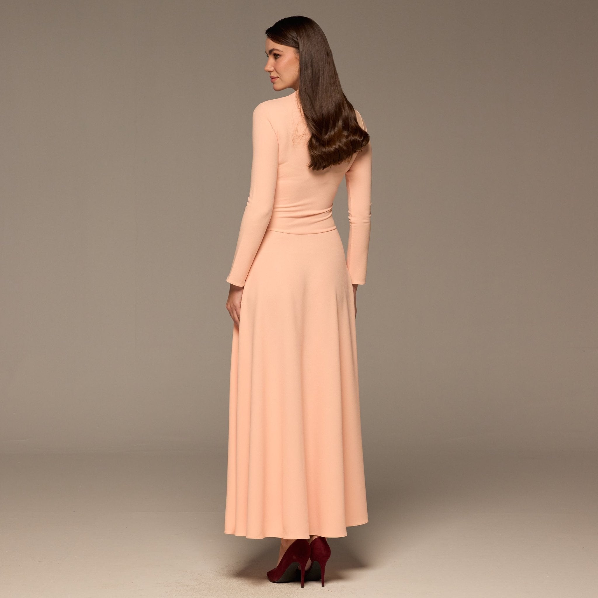 Pink Crepe Draped Asymmetric Neck Maxi Dress - shopaleena