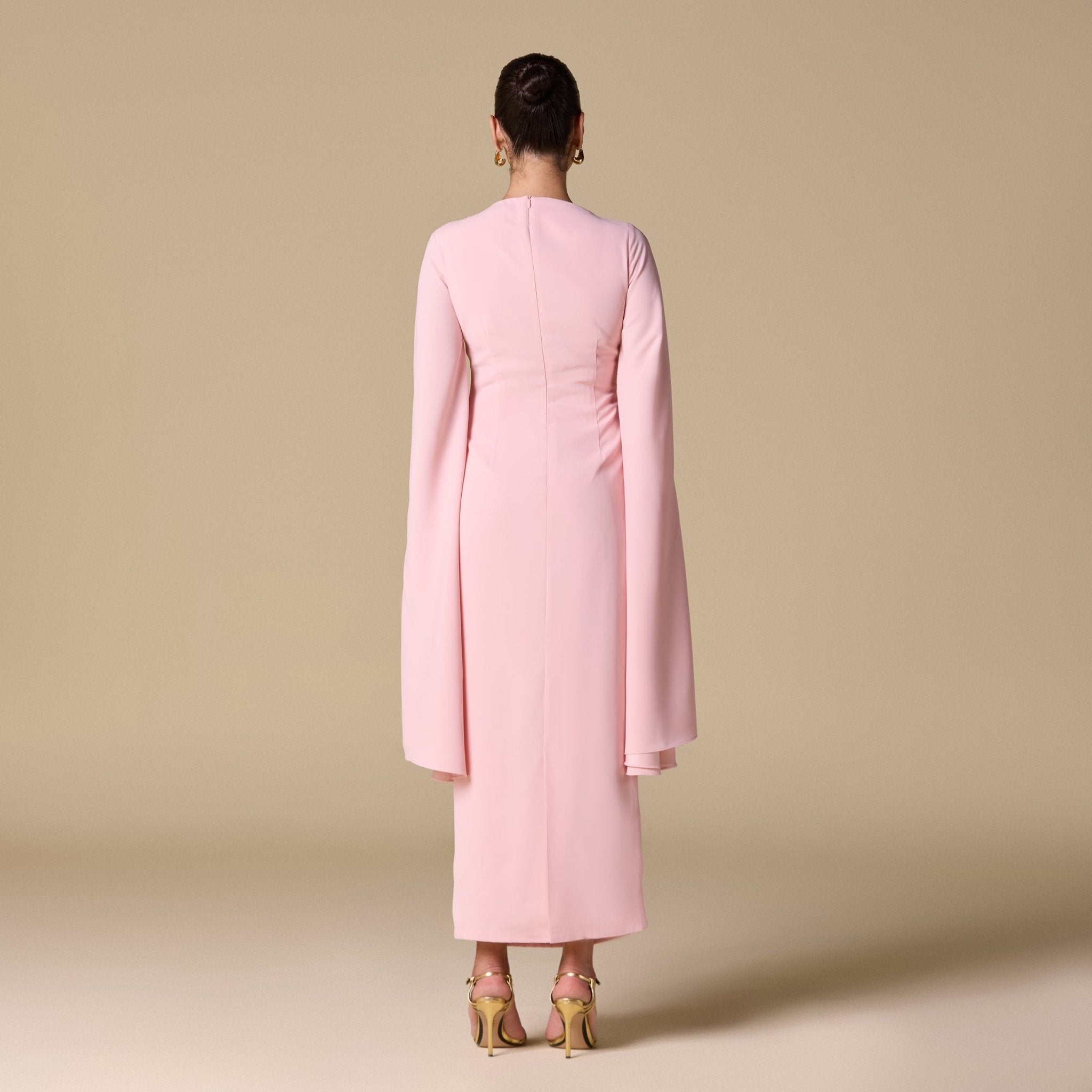 Pink Crepe Draped Midi Dress with dramatic cape sleeves - shopaleena