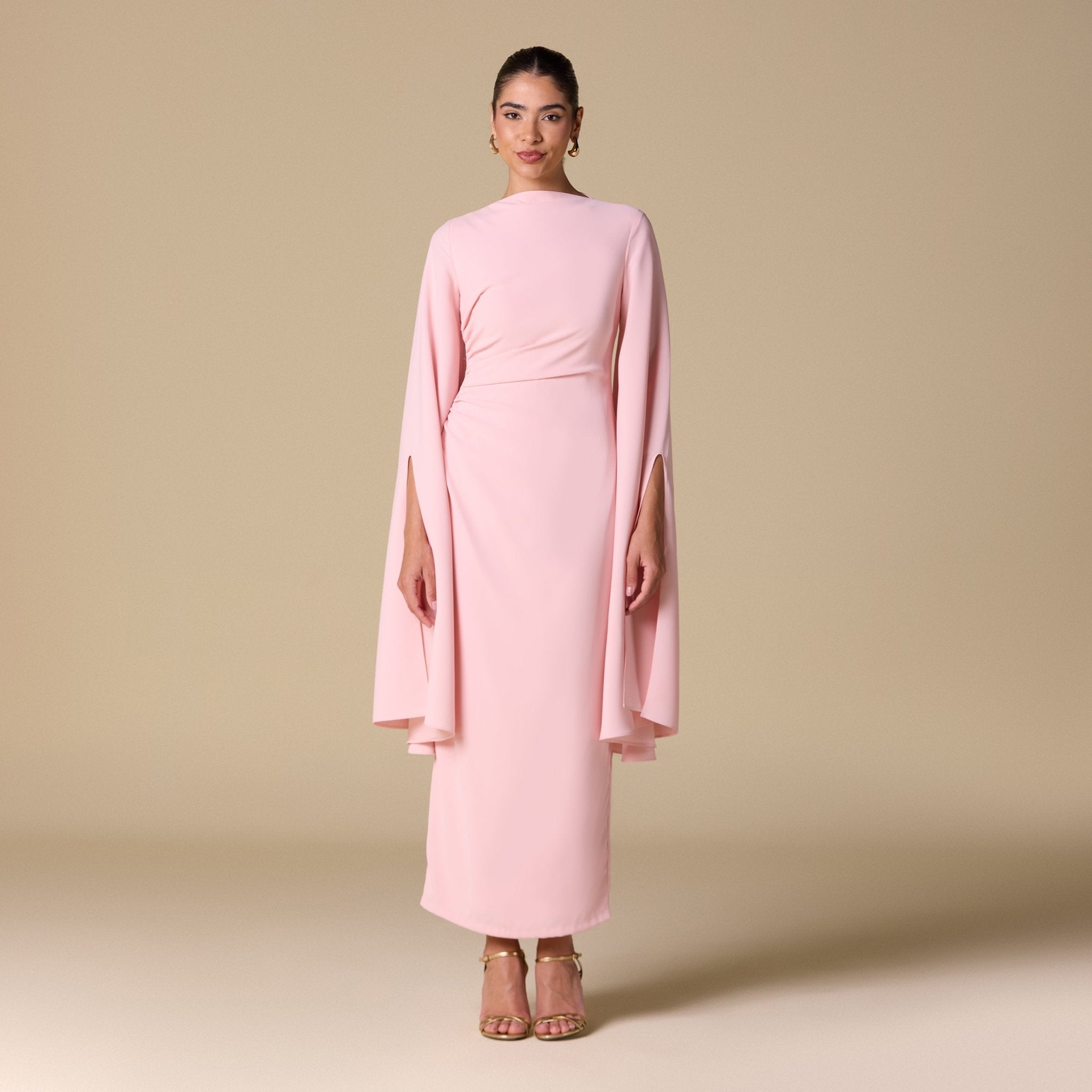 Pink Crepe Draped Midi Dress with dramatic cape sleeves - shopaleena