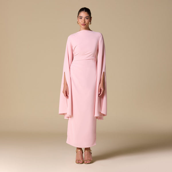 Pink Crepe Draped Midi Dress with dramatic cape sleeves shopaleena Pink Crepe Draped Midi Dress with dramatic cape sleeves shopaleena