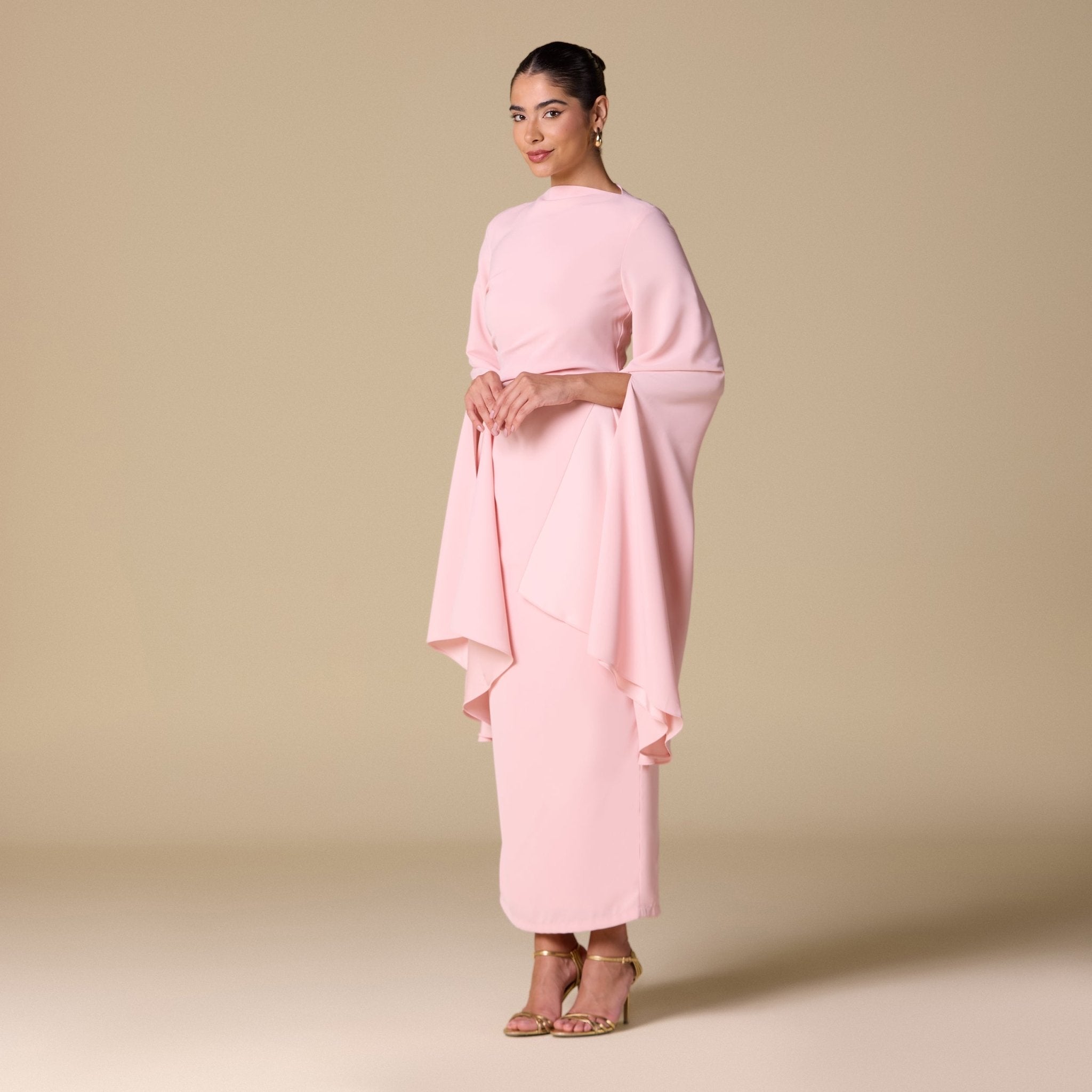 Pink Crepe Draped Midi Dress with dramatic cape sleeves - shopaleena