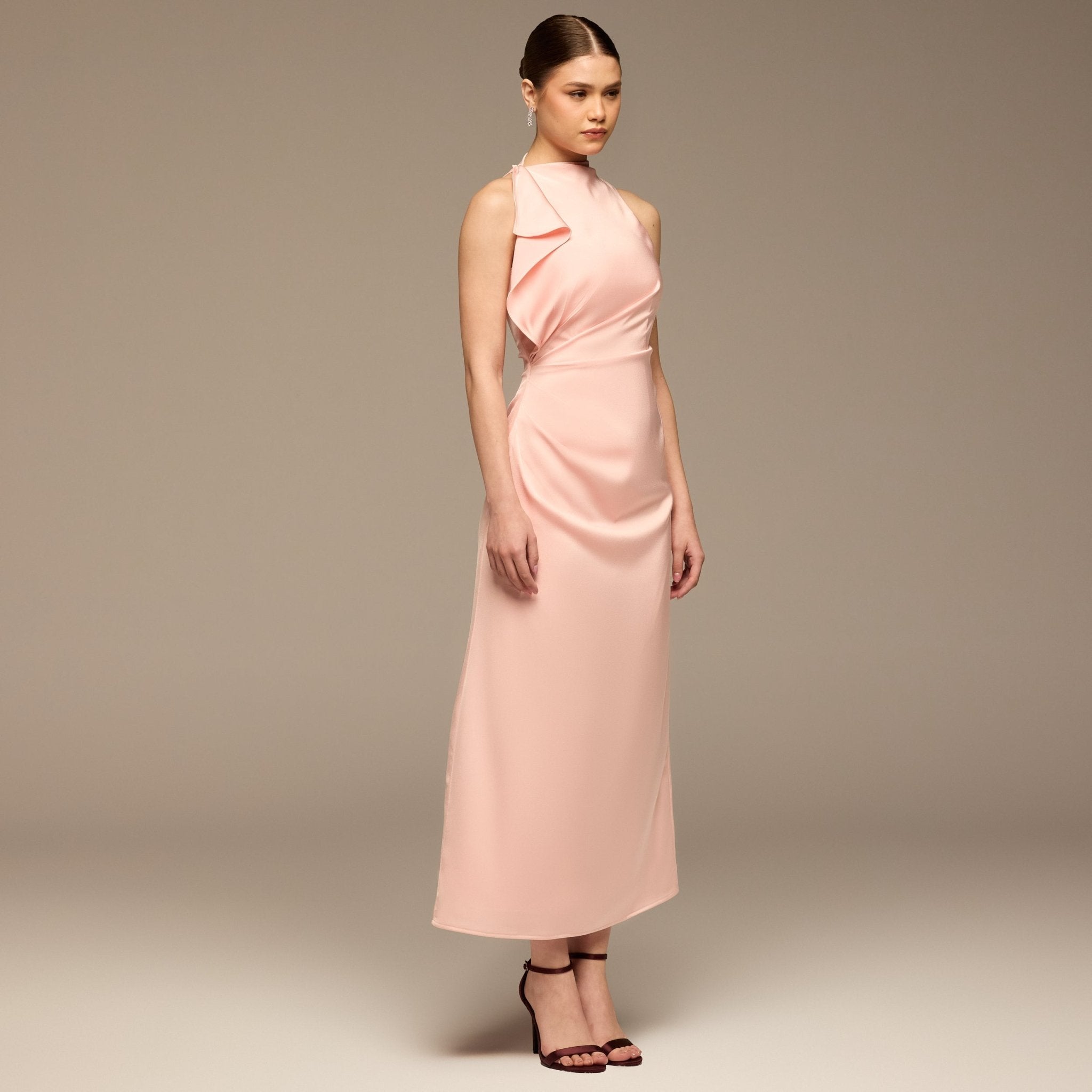 Pink Crepe Satin Draped Maxi Dress - shopaleena