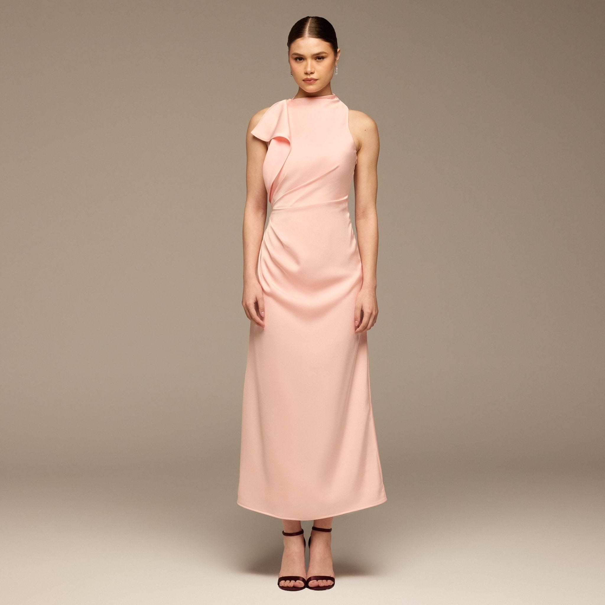 Pink Crepe Satin Draped Maxi Dress - shopaleena