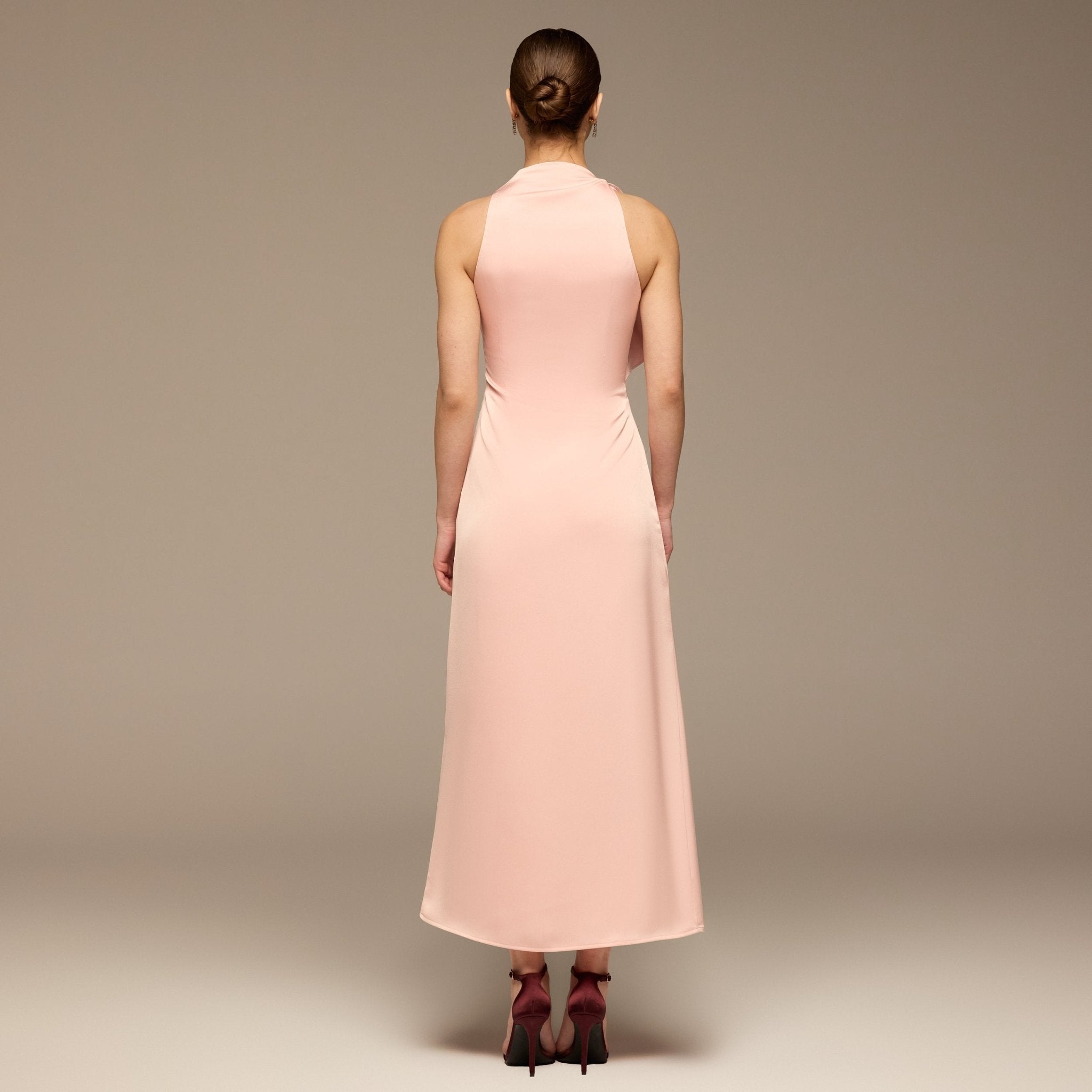 Pink Crepe Satin Draped Maxi Dress - shopaleena