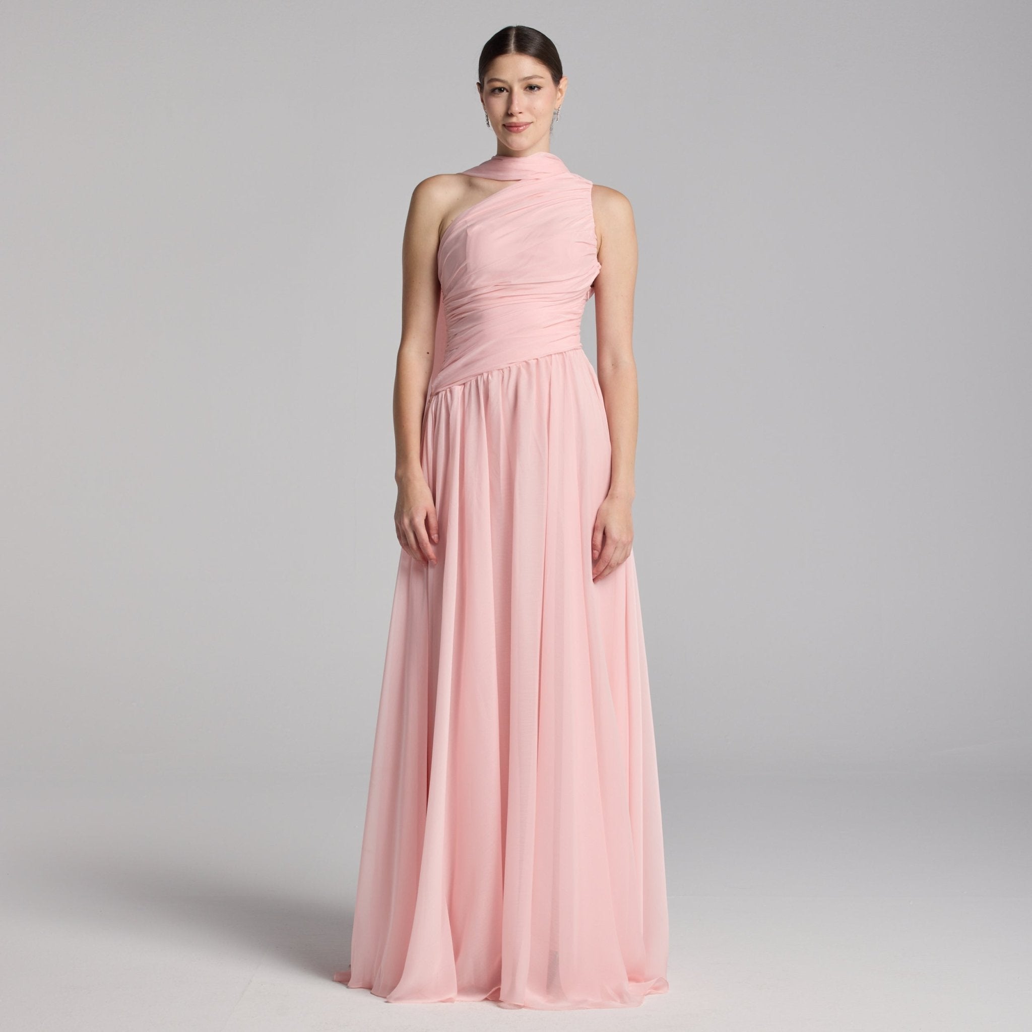 Pink Draped Long One Shoulder Dress - shopaleena