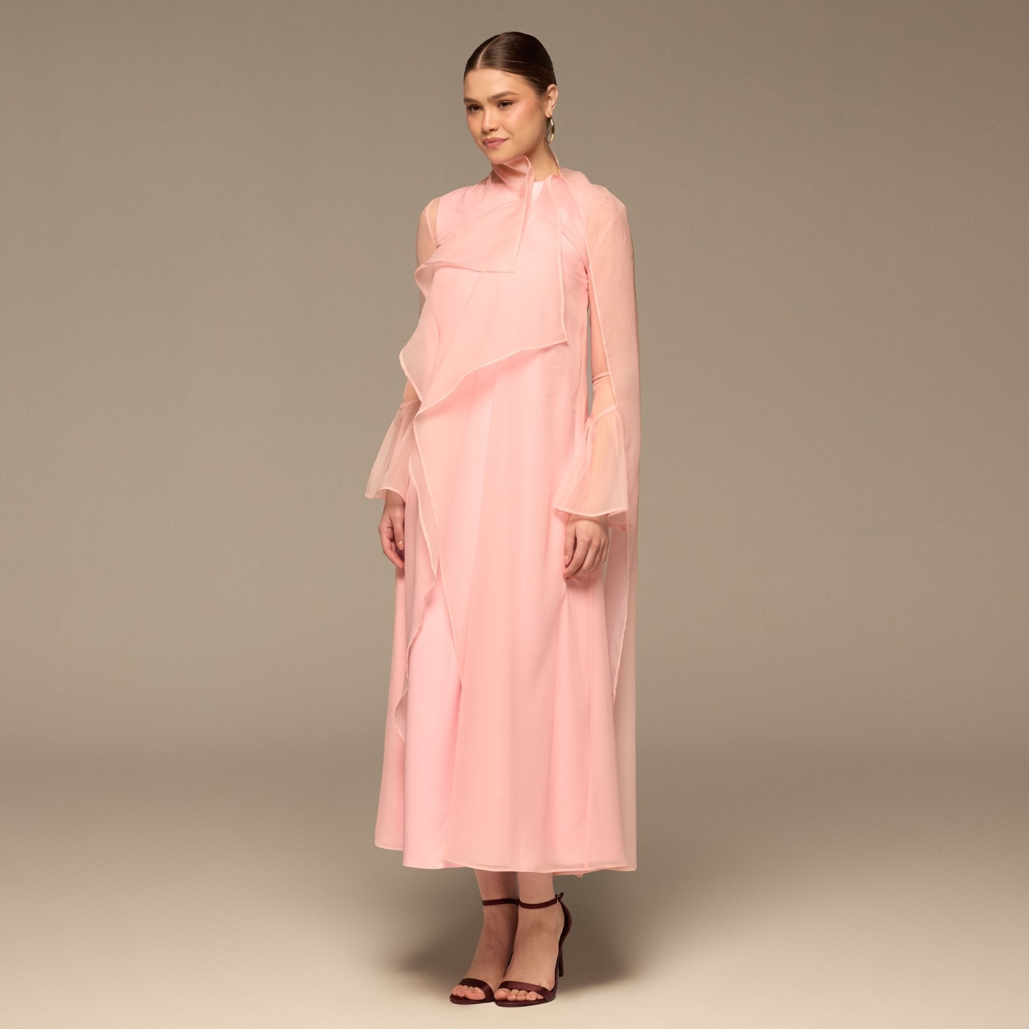 Pink Draped Maxi Dress with Soft Cape Overlay - shopaleena