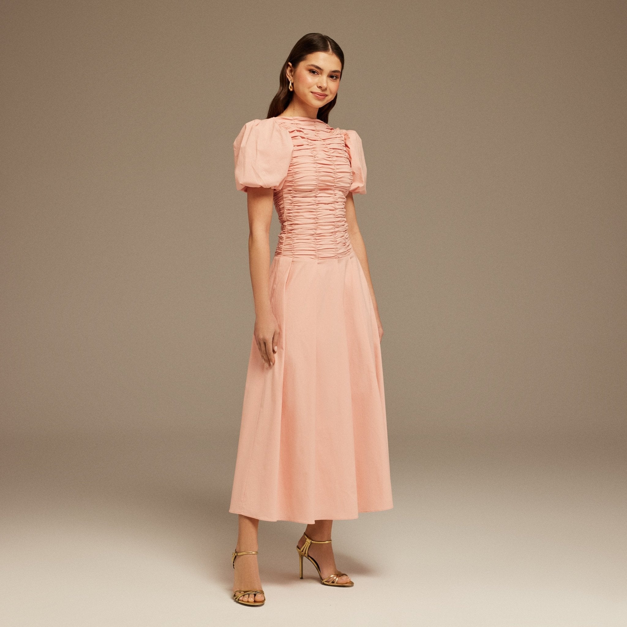 Pink Draped Top Short Sleeve Midi Dress - shopaleena