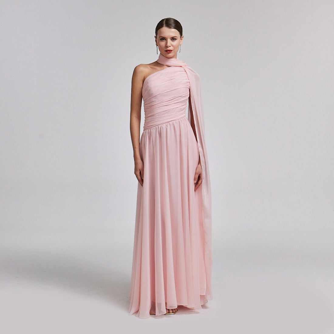 Pink Drapped Long One Shoulder Dress - shopaleena