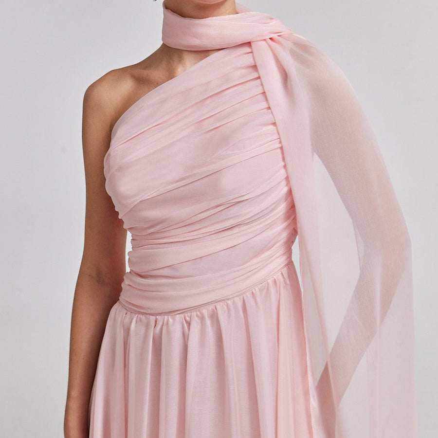 Pink Drapped Long One Shoulder Dress - shopaleena