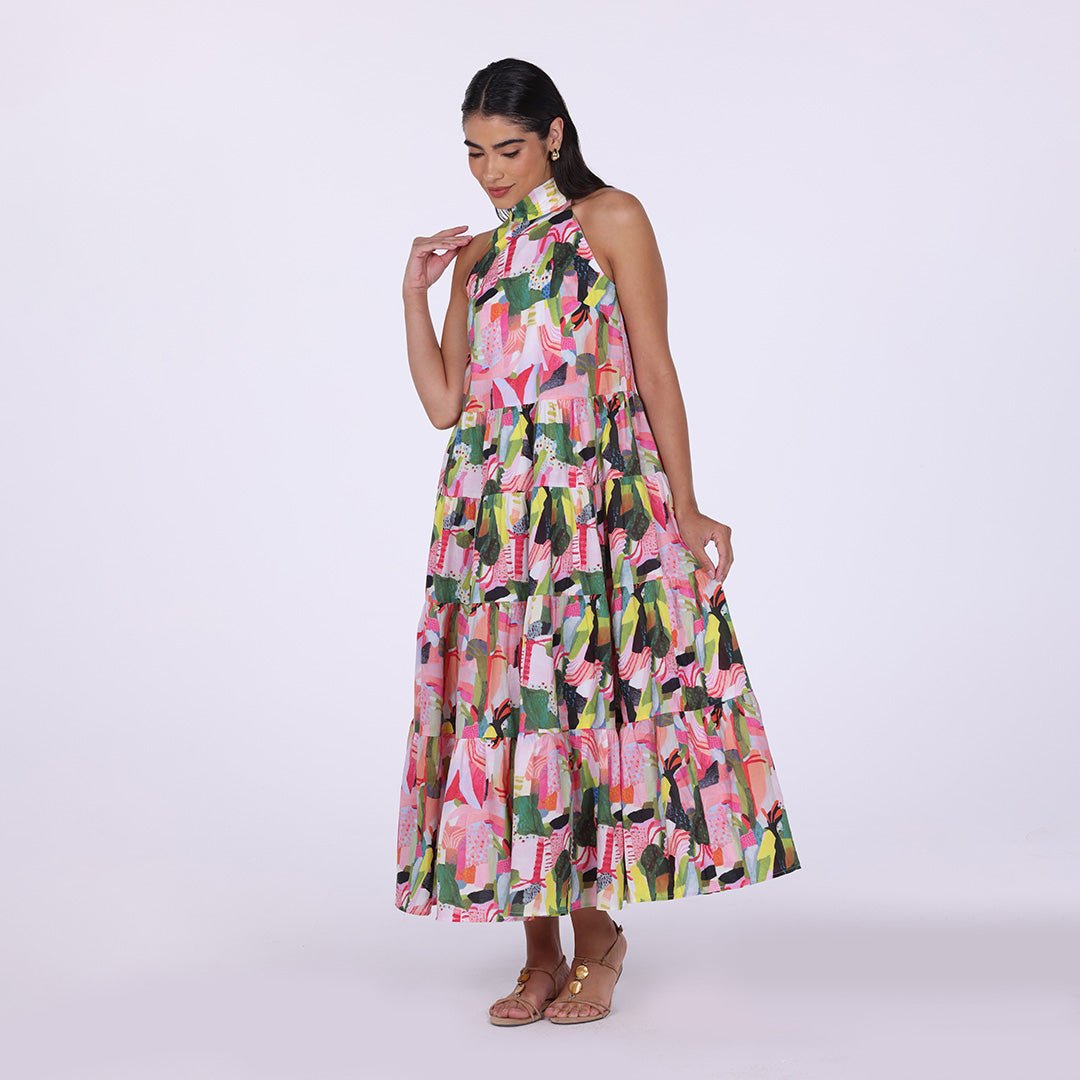 Pink Dress with Green Printed Back Bow Maxi Dress - shopaleena