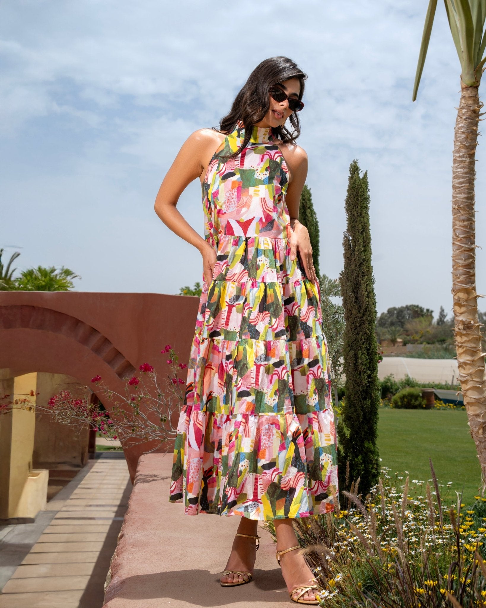 Pink Dress with Green Printed Back Bow Maxi Dress - shopaleena