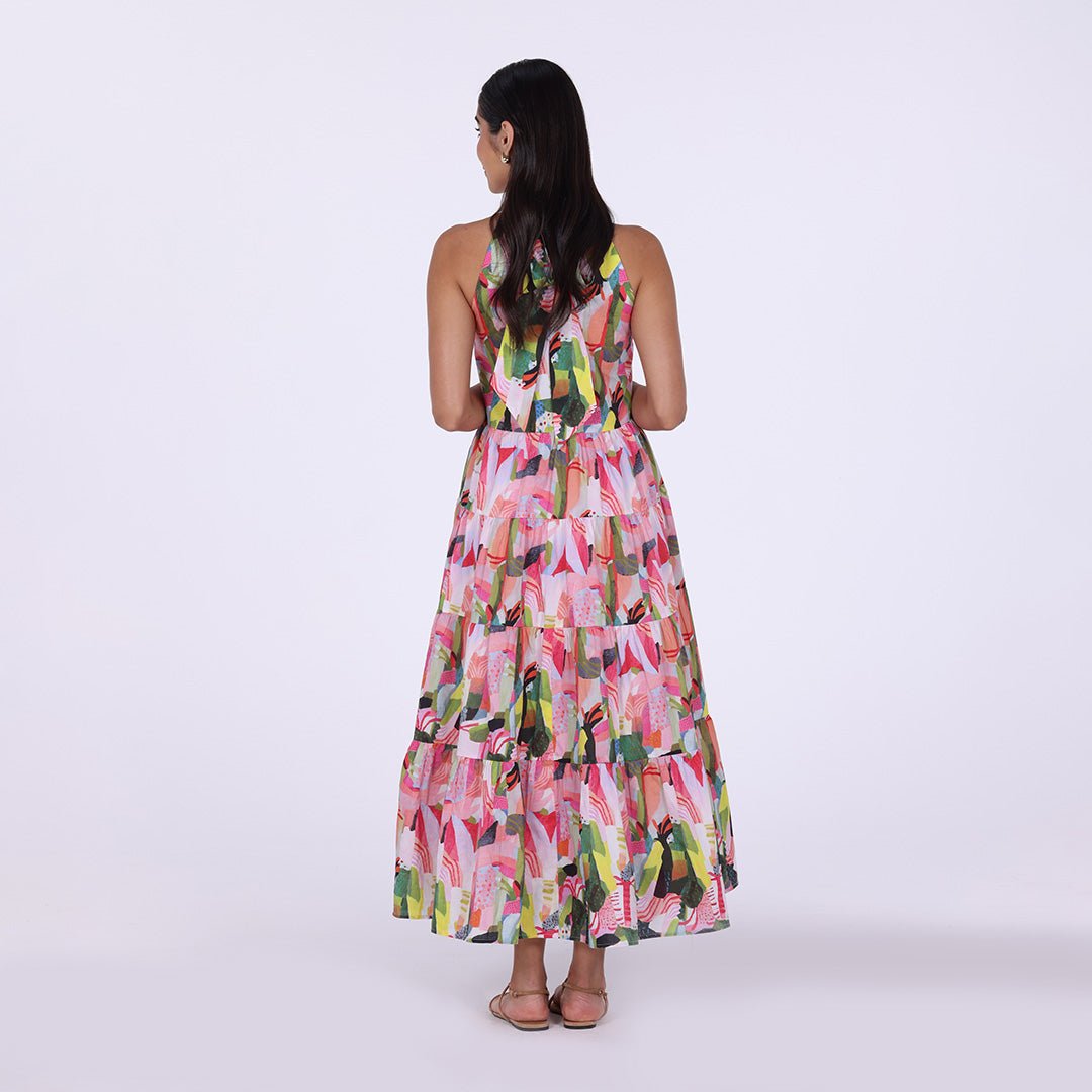 Pink Dress with Green Printed Back Bow Maxi Dress - shopaleena