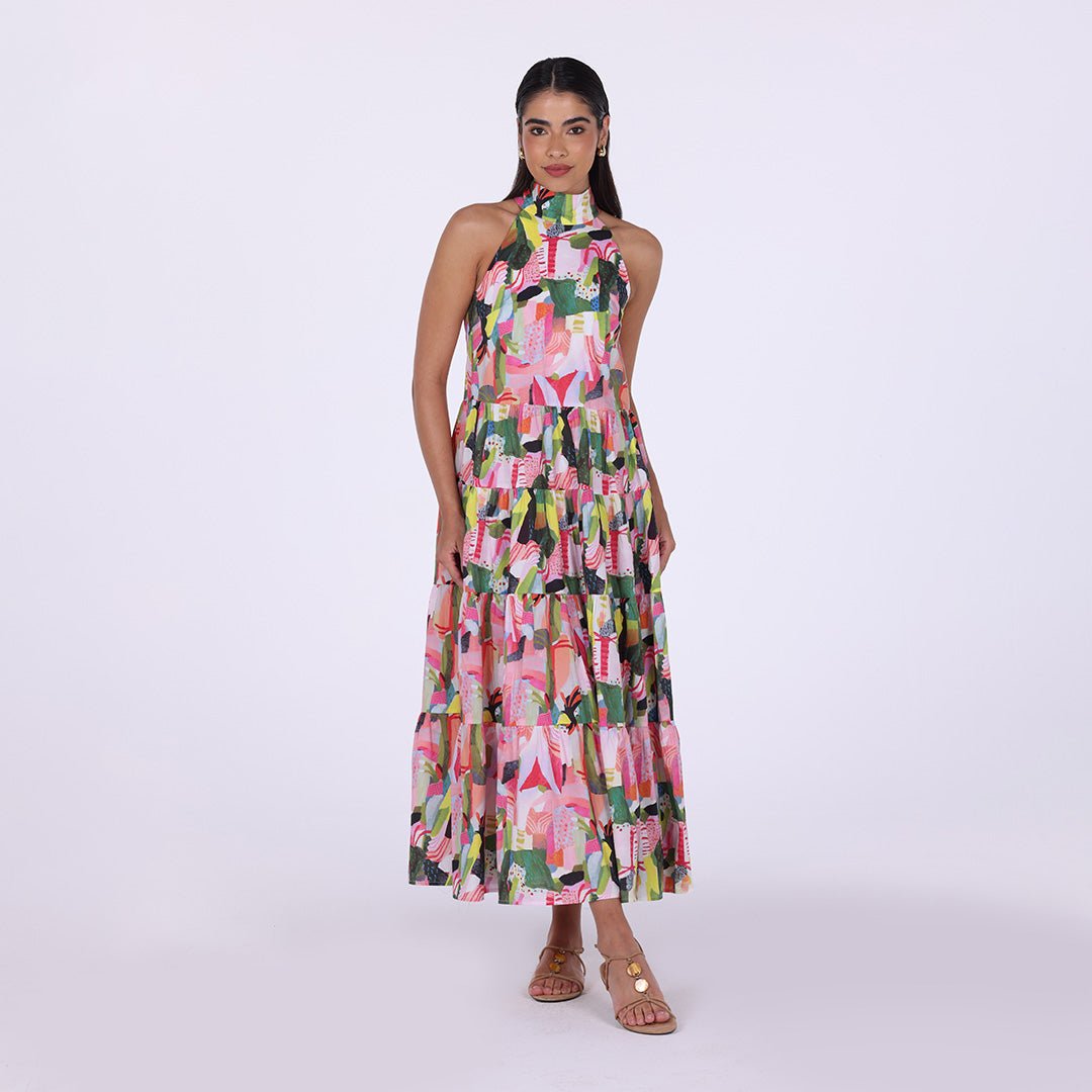 Pink Dress with Green Printed Back Bow Maxi Dress - shopaleena