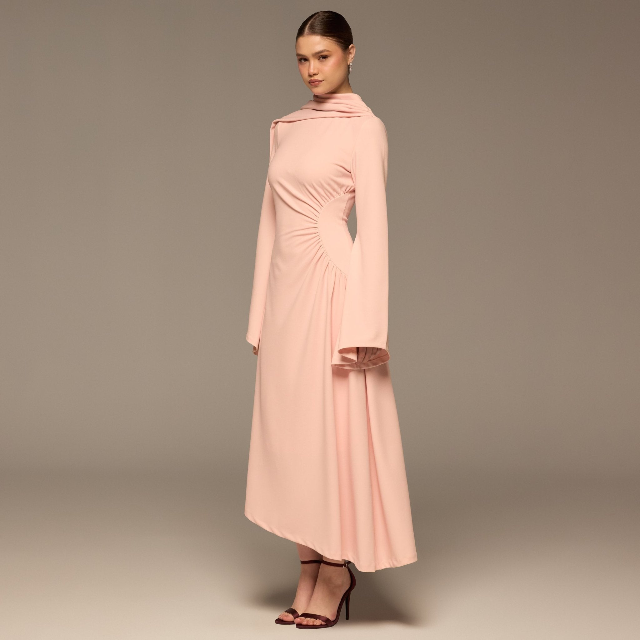Pink Gathered Waist Midi Dress with Scarf - shopaleena