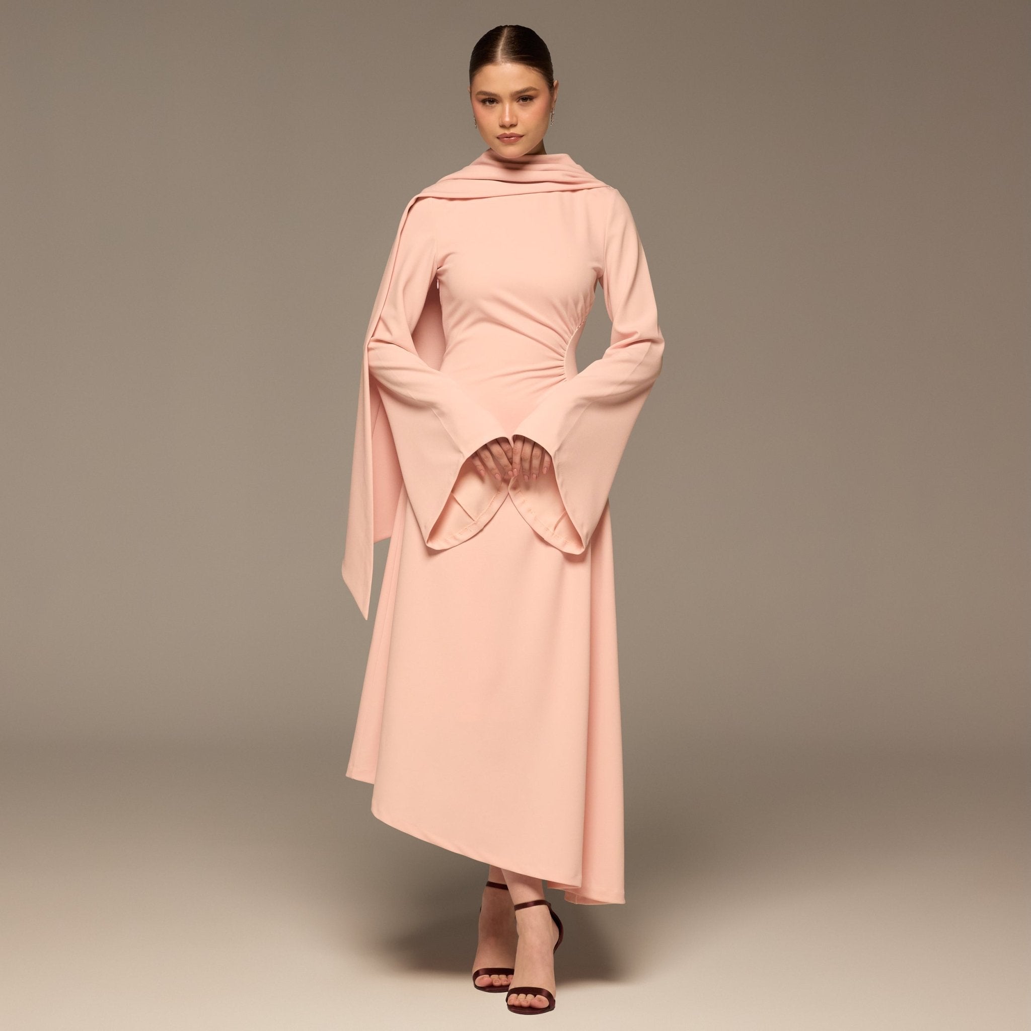 Pink Gathered Waist Midi Dress with Scarf - shopaleena