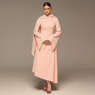 Pink Gathered Waist Midi Dress with Scarf - shopaleena