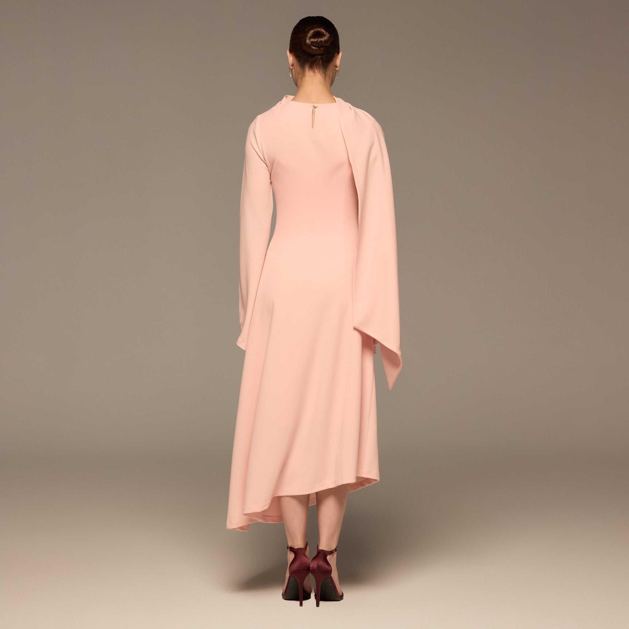 Pink Gathered Waist Midi Dress with Scarf - shopaleena