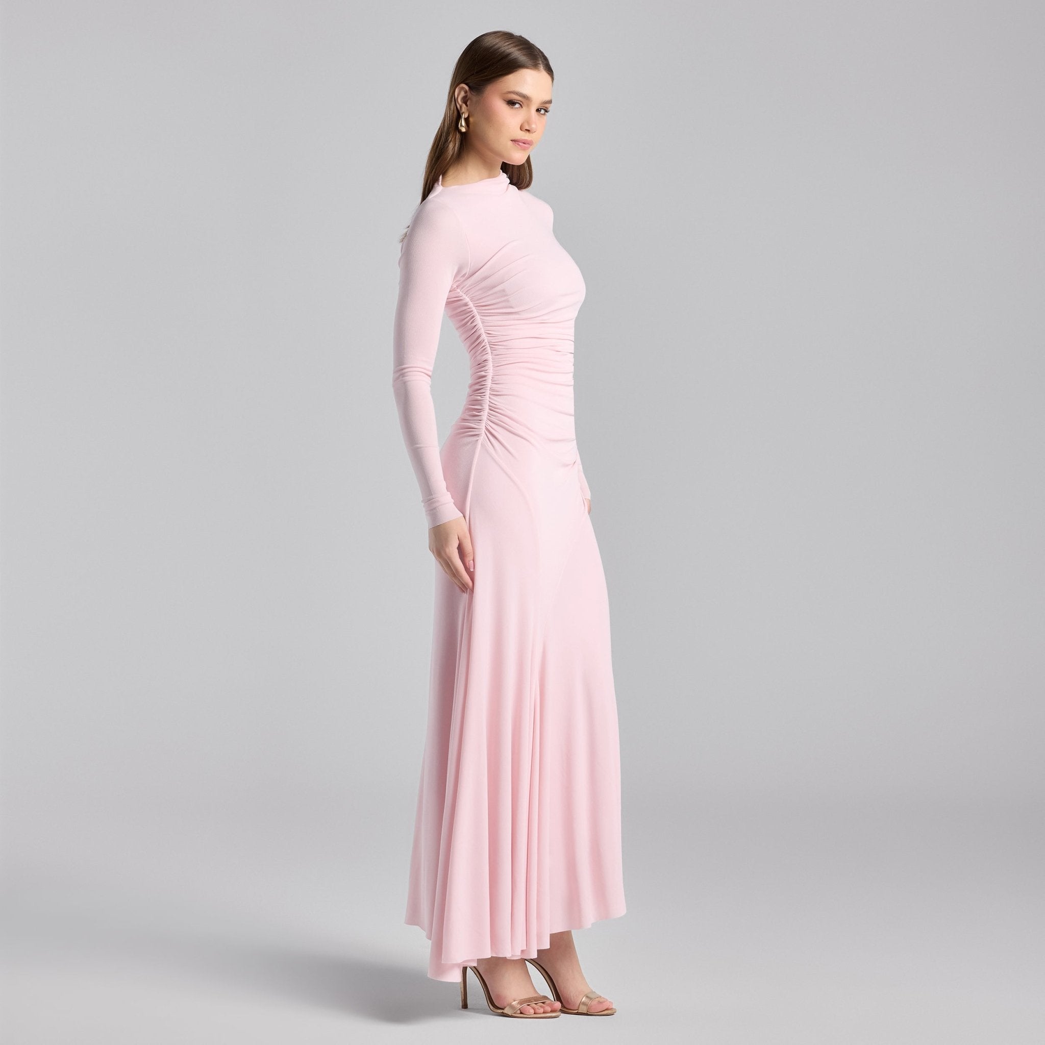 Pink Jersey Asymmetric Neck Midi Dress - shopaleena