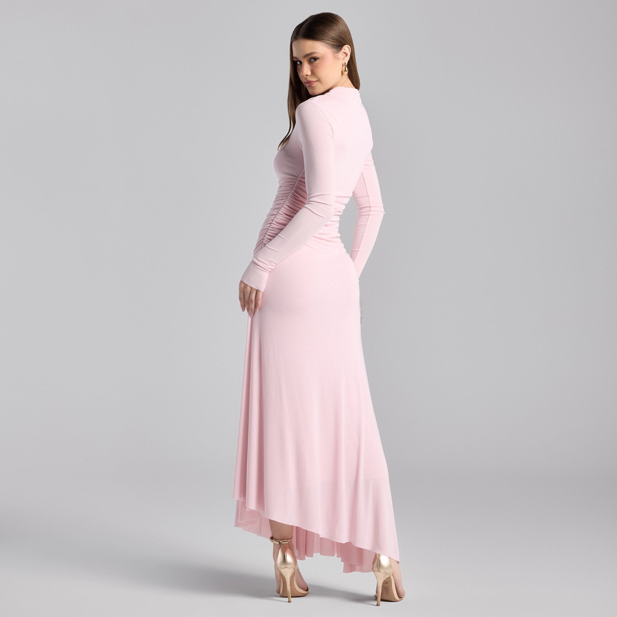 Pink Jersey Asymmetric Neck Midi Dress - shopaleena