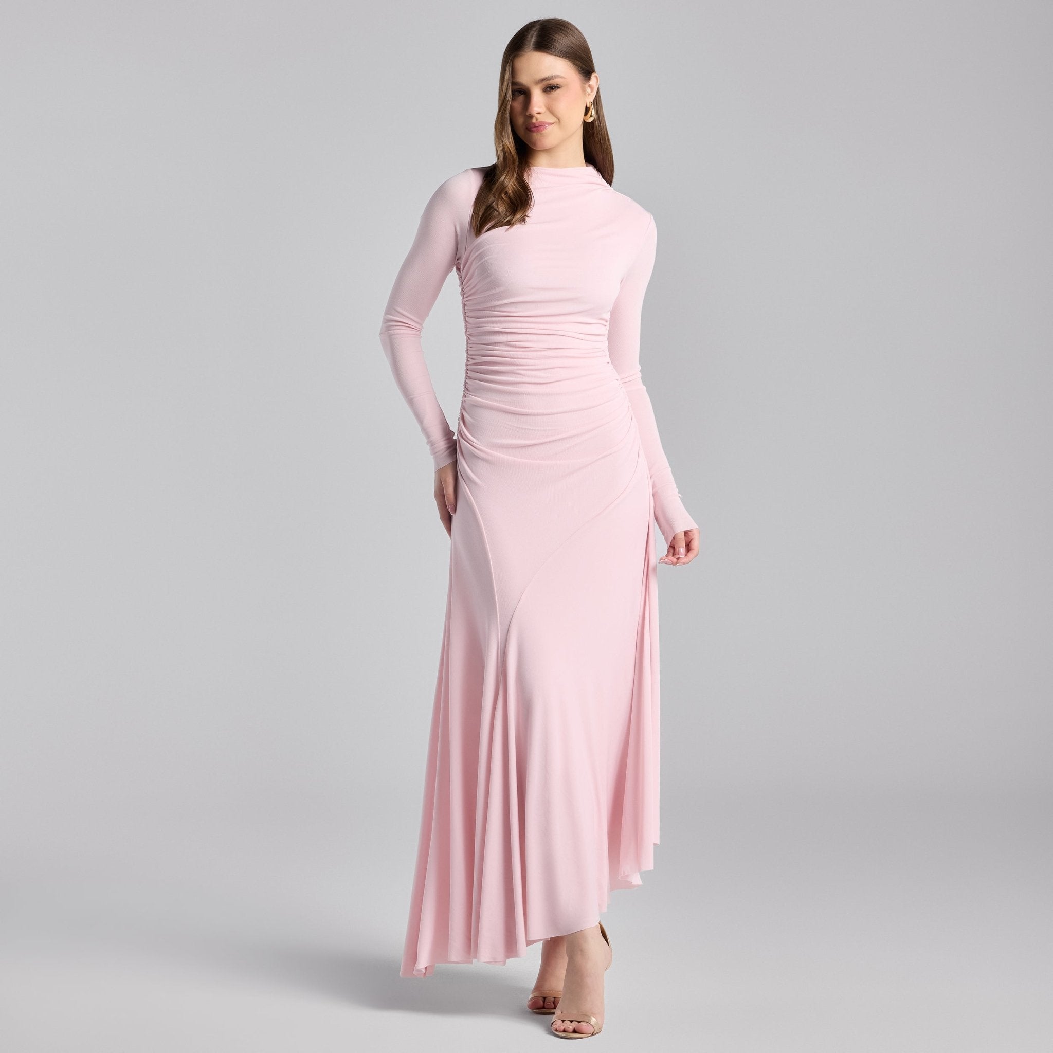 Pink Jersey Asymmetric Neck Midi Dress - shopaleena