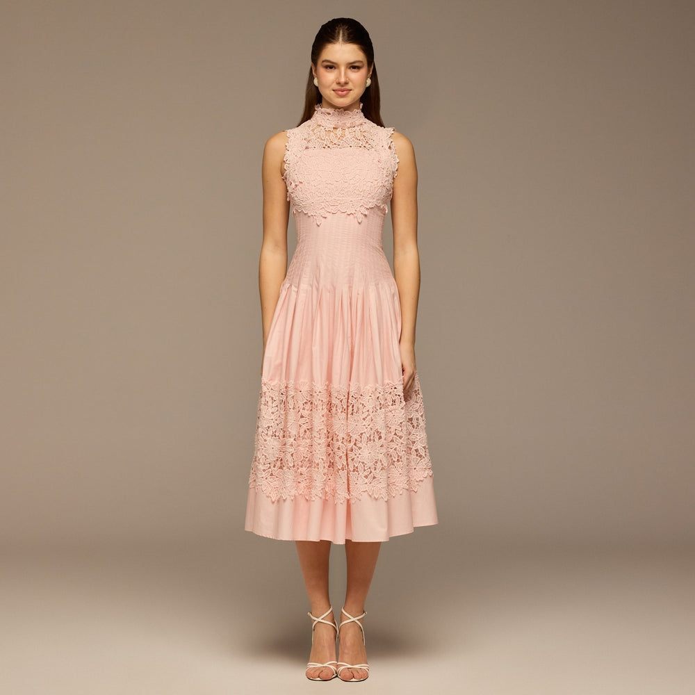 Pink Lace - Paneled Cotton Midi Dress - shopaleena