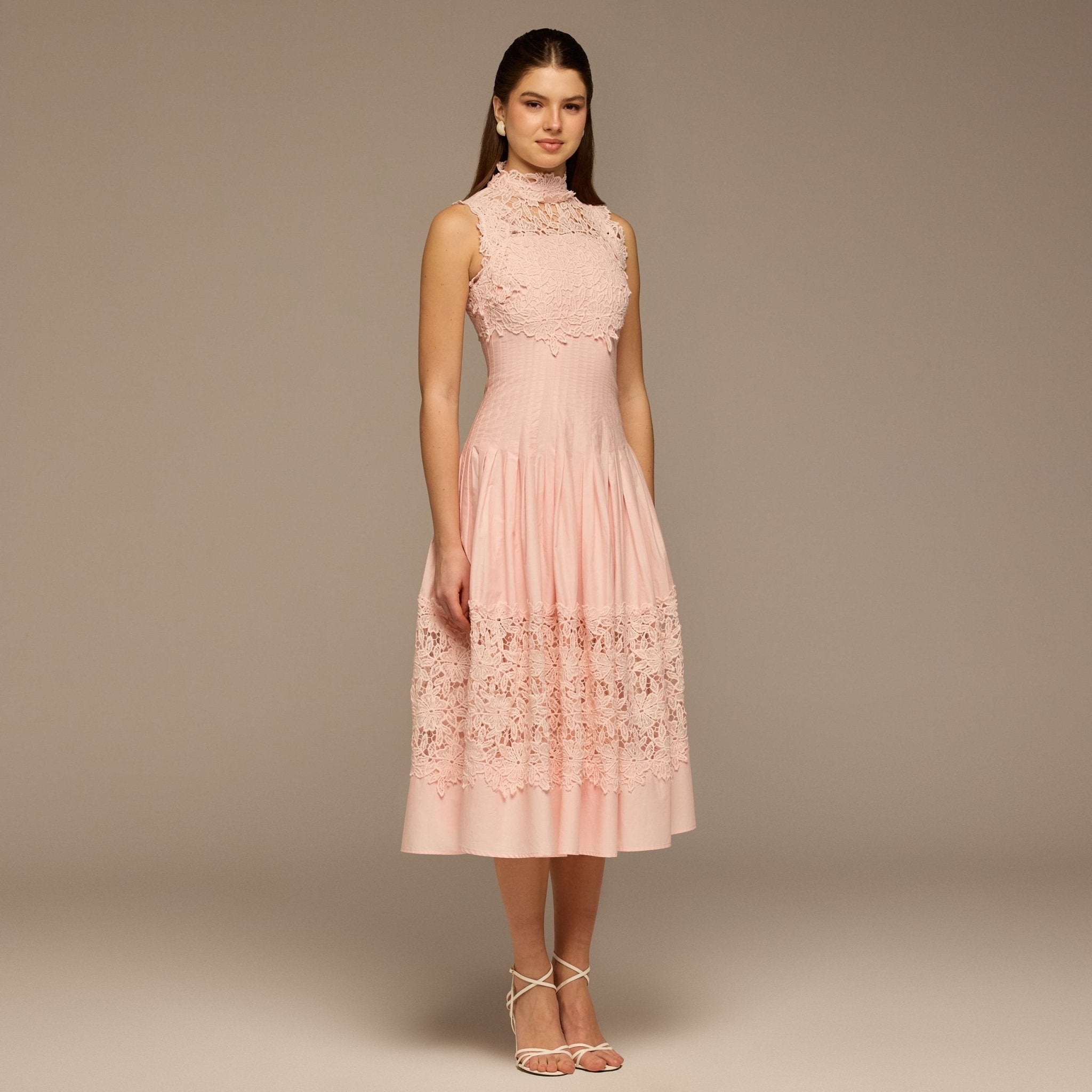 Pink Lace - Paneled Cotton Midi Dress - shopaleena