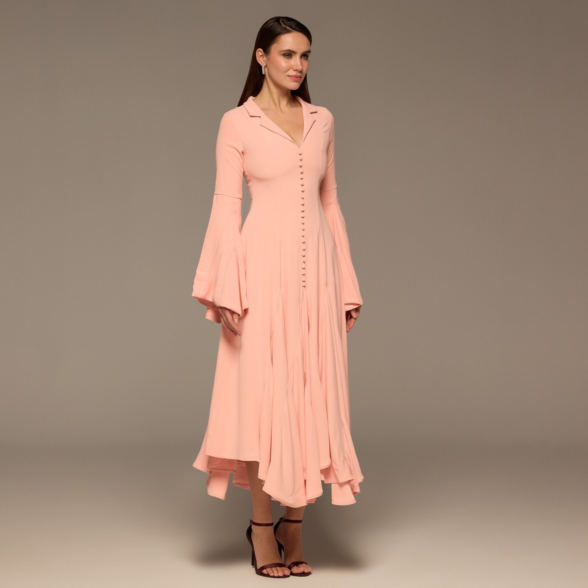 Pink Lapel Neck Button - Front Crepe Dress - shopaleena