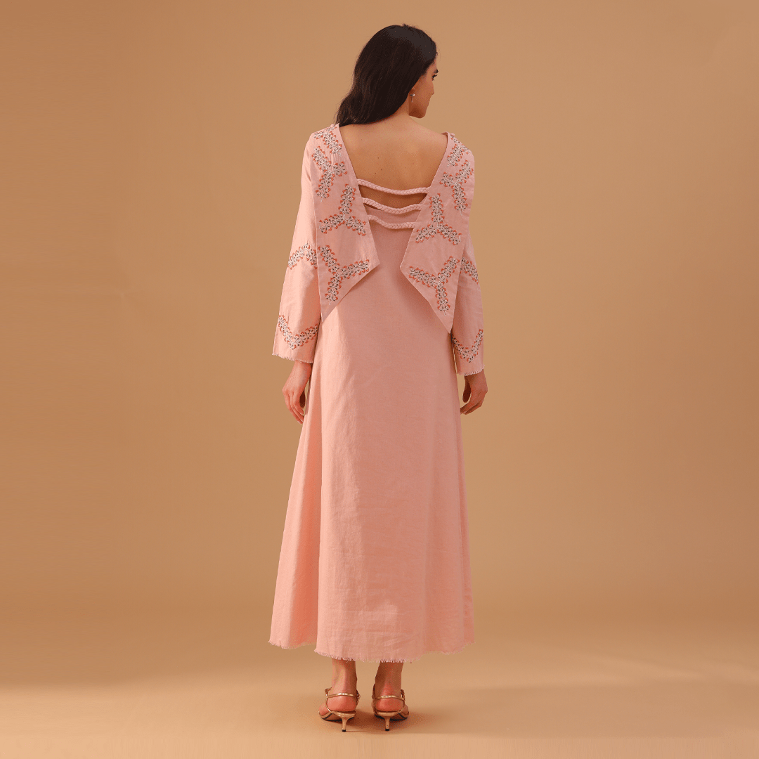 Pink Linen Dress with Embroidered Sleeves - shopaleena