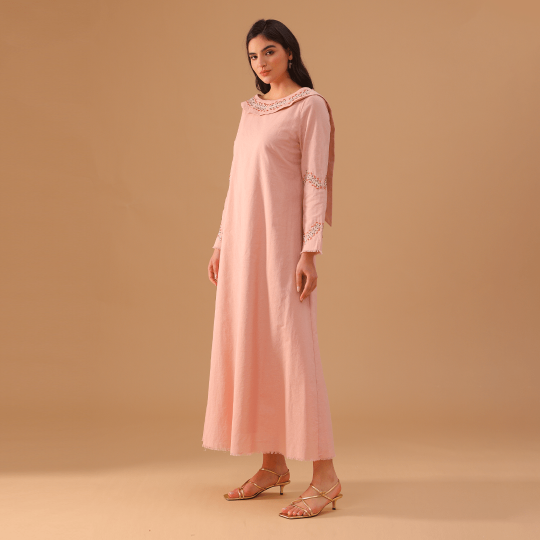 Pink Linen Dress with Embroidered Sleeves - shopaleena