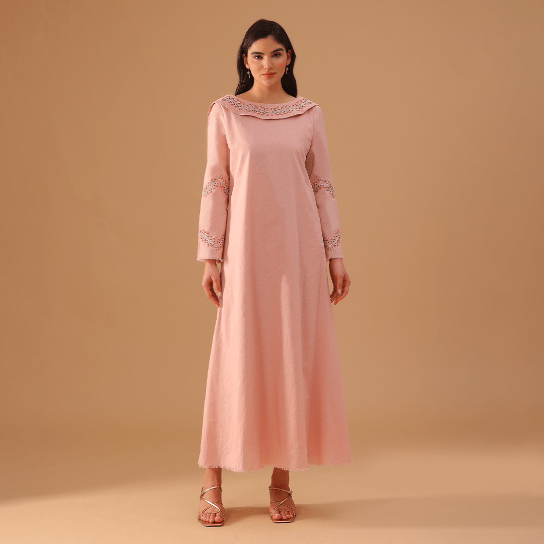 Pink Linen Dress with Embroidered Sleeves - shopaleena