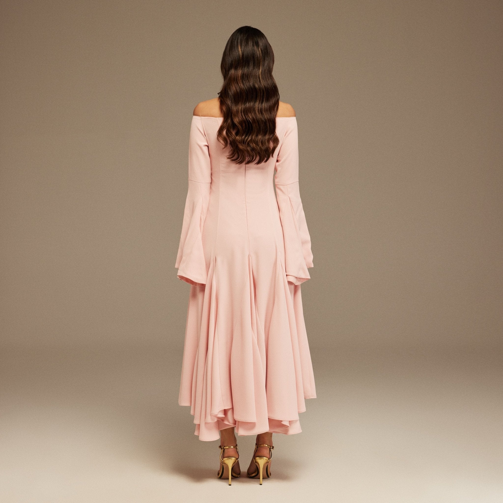 Pink Off - Shoulder Aline Midi Crepe Dress - shopaleena