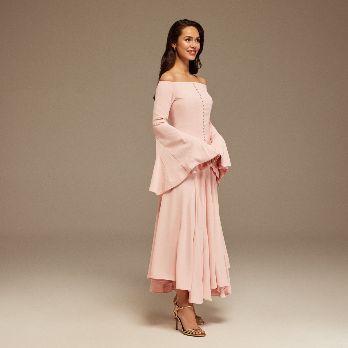 Pink Off - Shoulder Aline Midi Crepe Dress - shopaleena