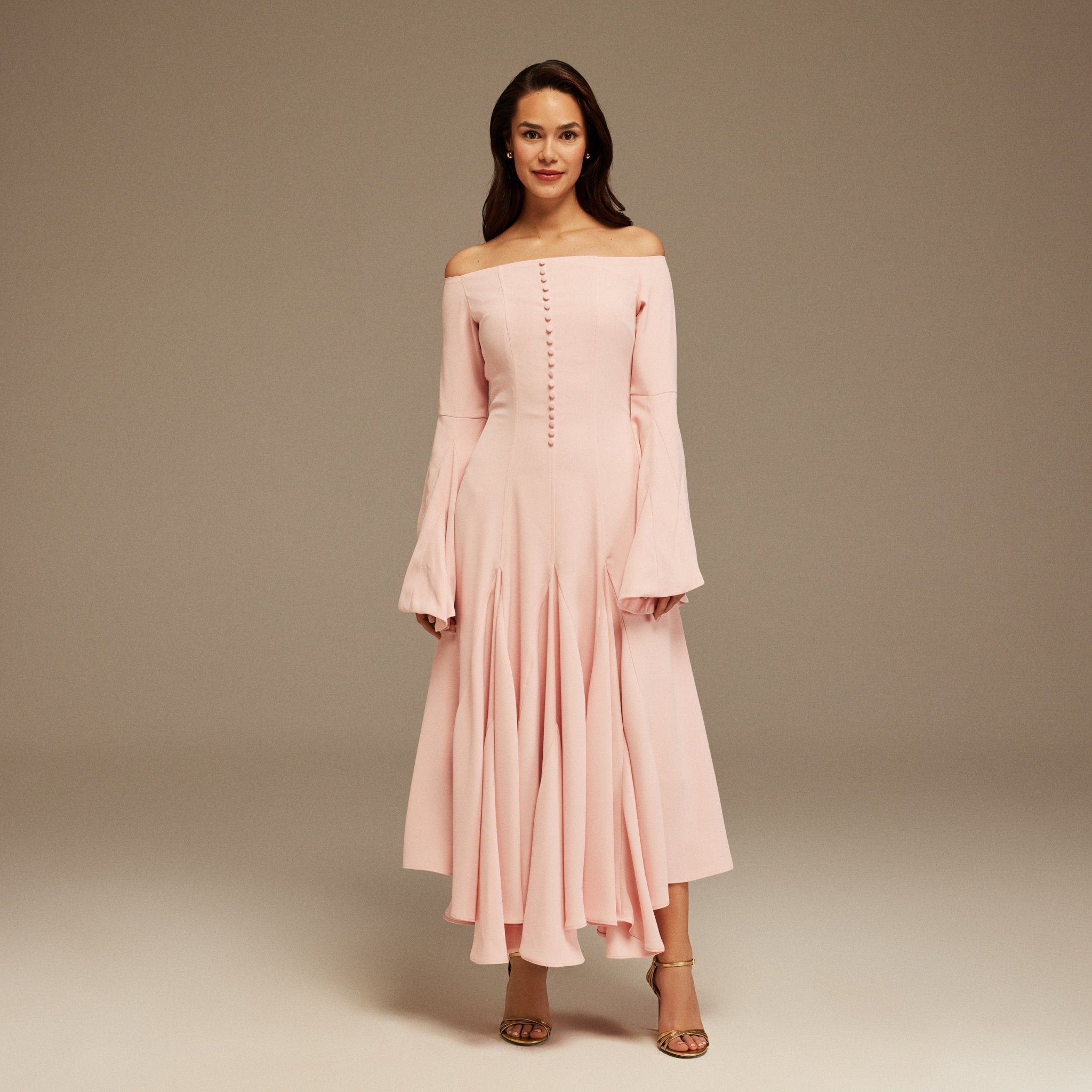 Pink Off - Shoulder Aline Midi Crepe Dress - shopaleena