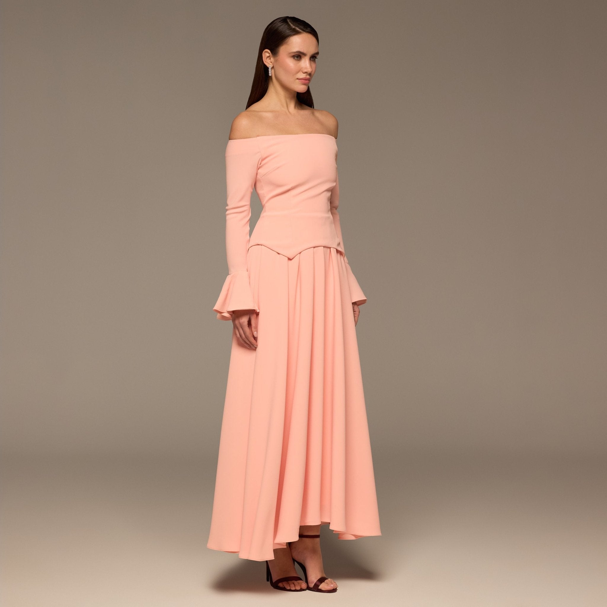 Pink Off - Shoulder Flare - Cuff Crepe Dress - shopaleena