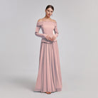 Pink Off - Shoulder Long - Sleeve Evening Gown - shopaleena