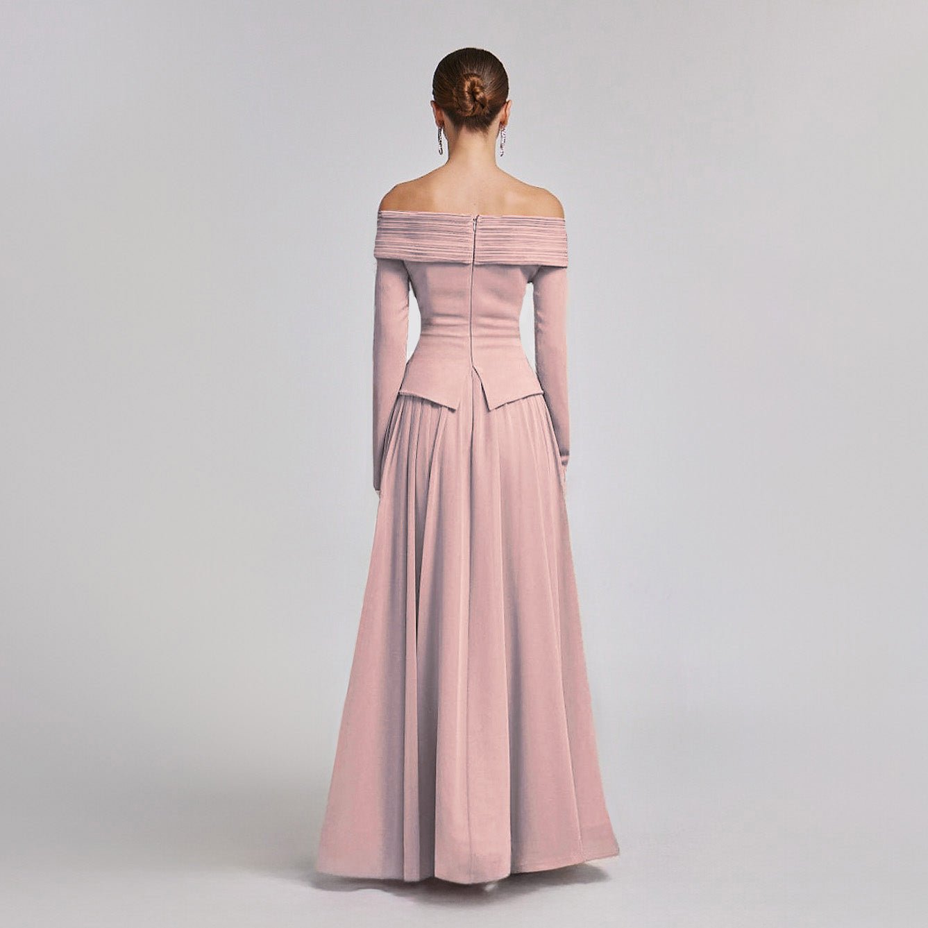 Pink Off - Shoulder Long - Sleeve Evening Gown - shopaleena