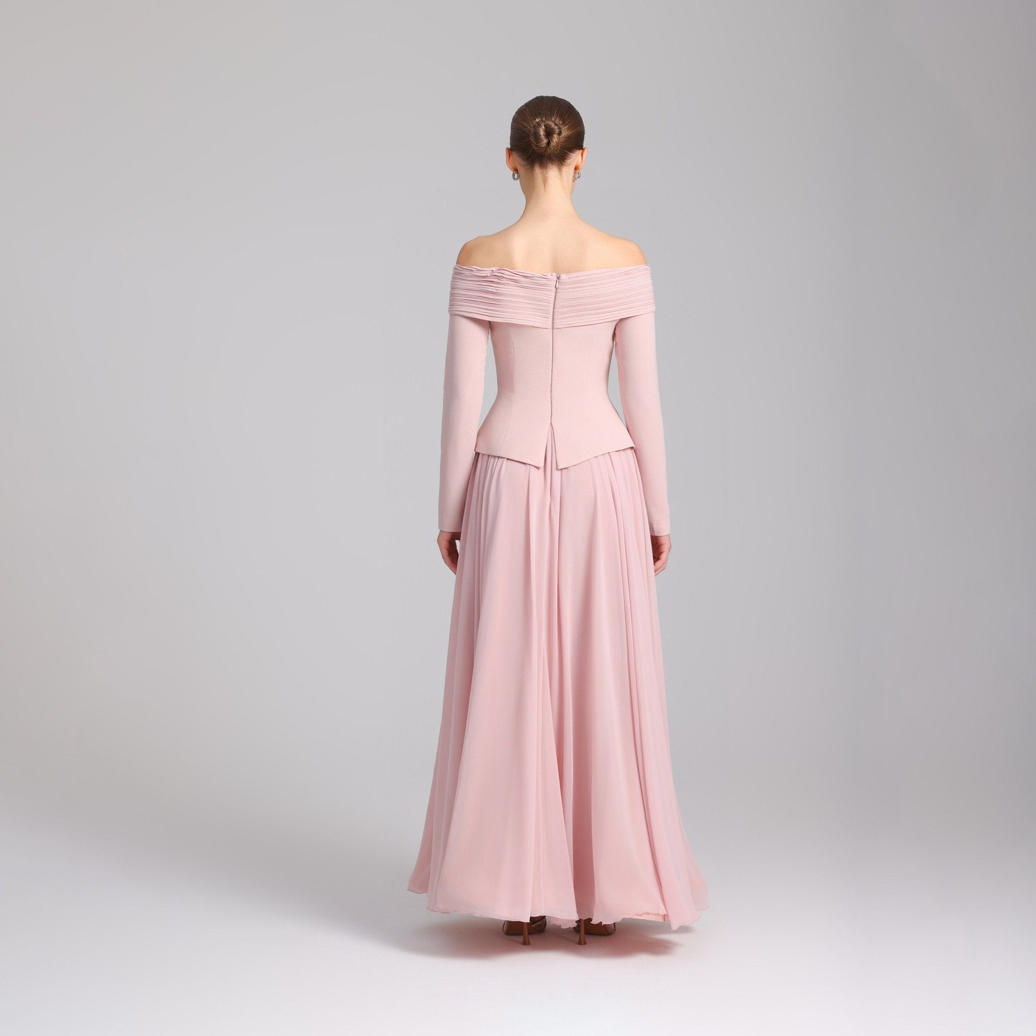 Pink Off - Shoulder Long - Sleeve Evening Gown - shopaleena