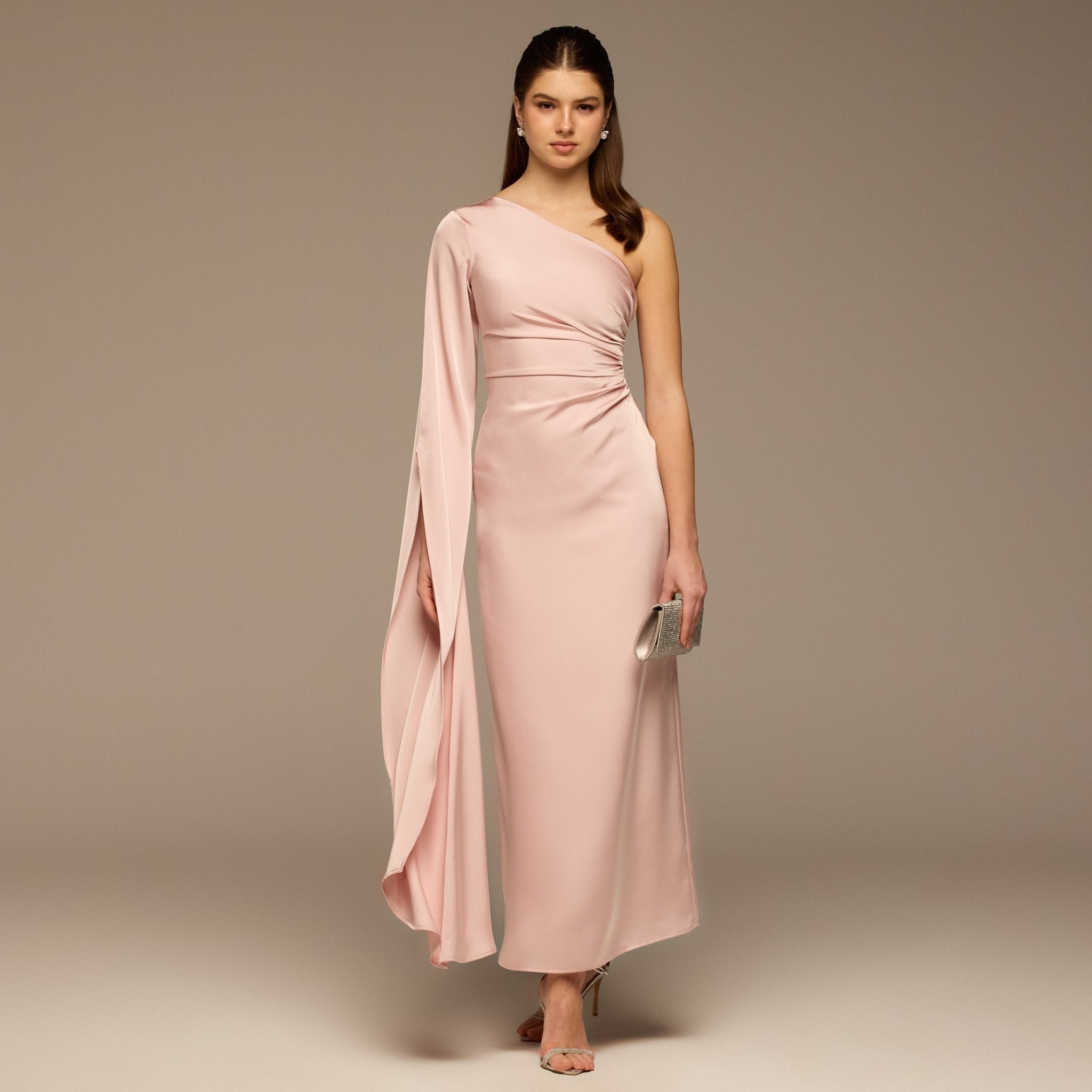 Pink One - Shoulder Gathered Waist Satin Dress - shopaleena