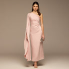Pink One - Shoulder Gathered Waist Satin Dress - shopaleena