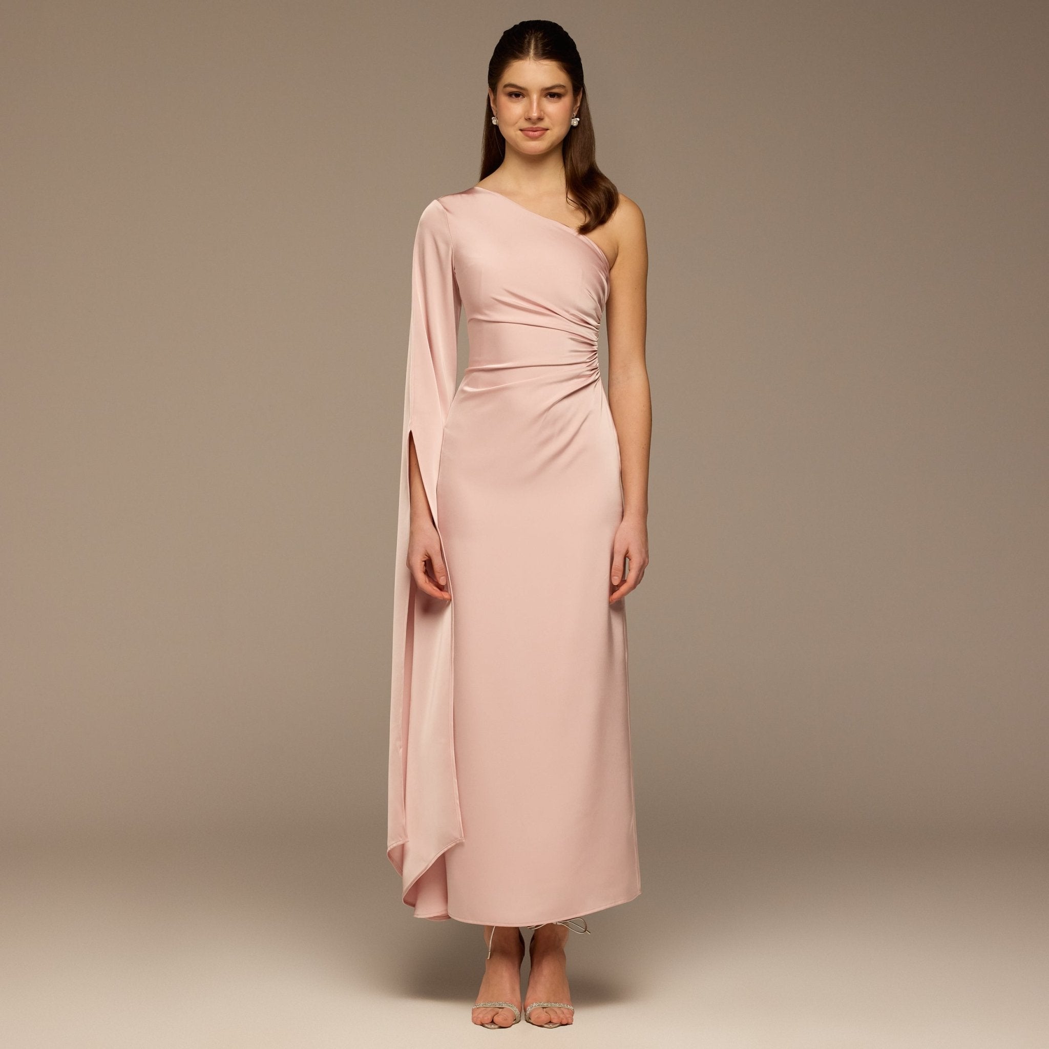 Pink One - Shoulder Gathered Waist Satin Dress - shopaleena