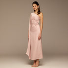 Pink One - Shoulder Gathered Waist Satin Dress - shopaleena