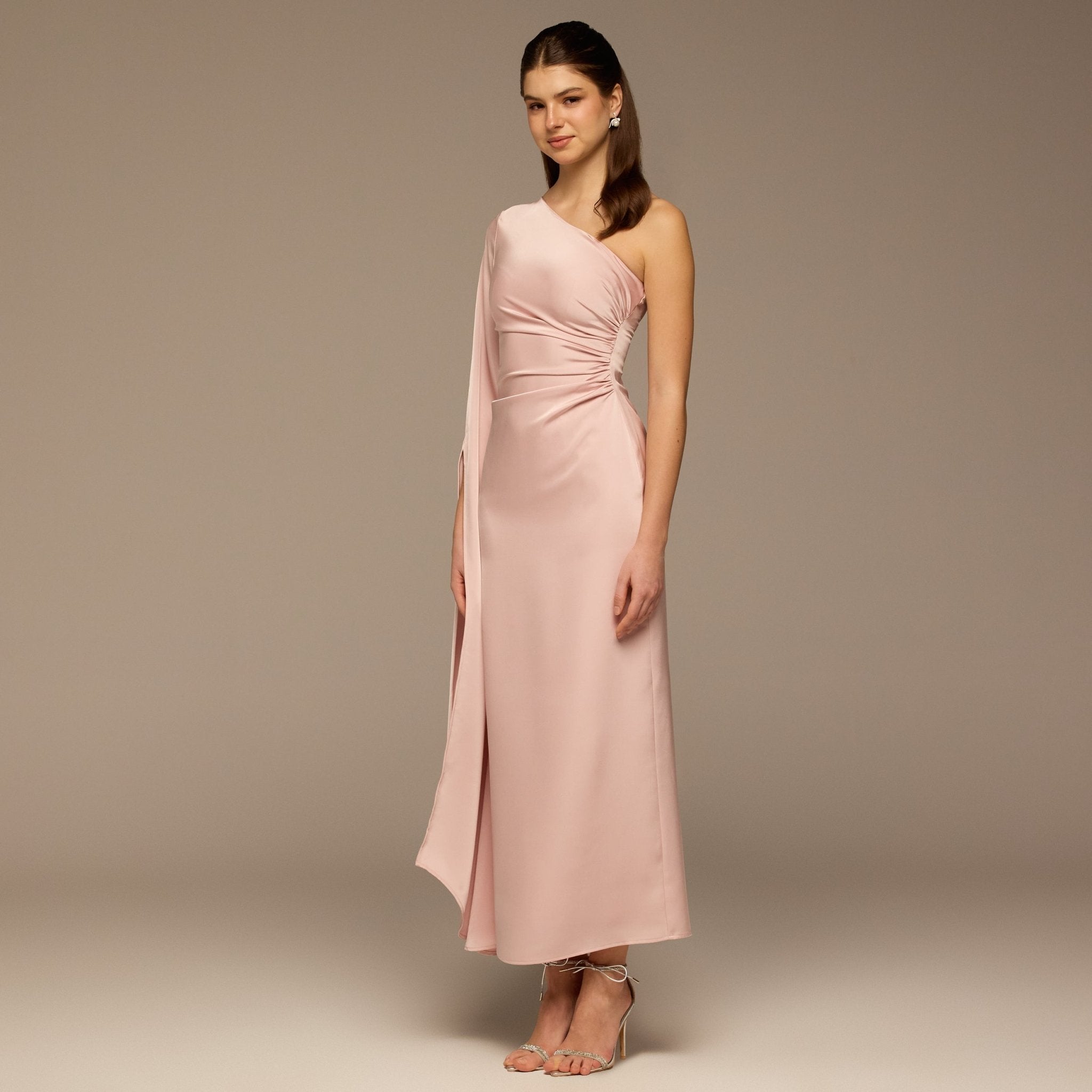 Pink One - Shoulder Gathered Waist Satin Dress - shopaleena