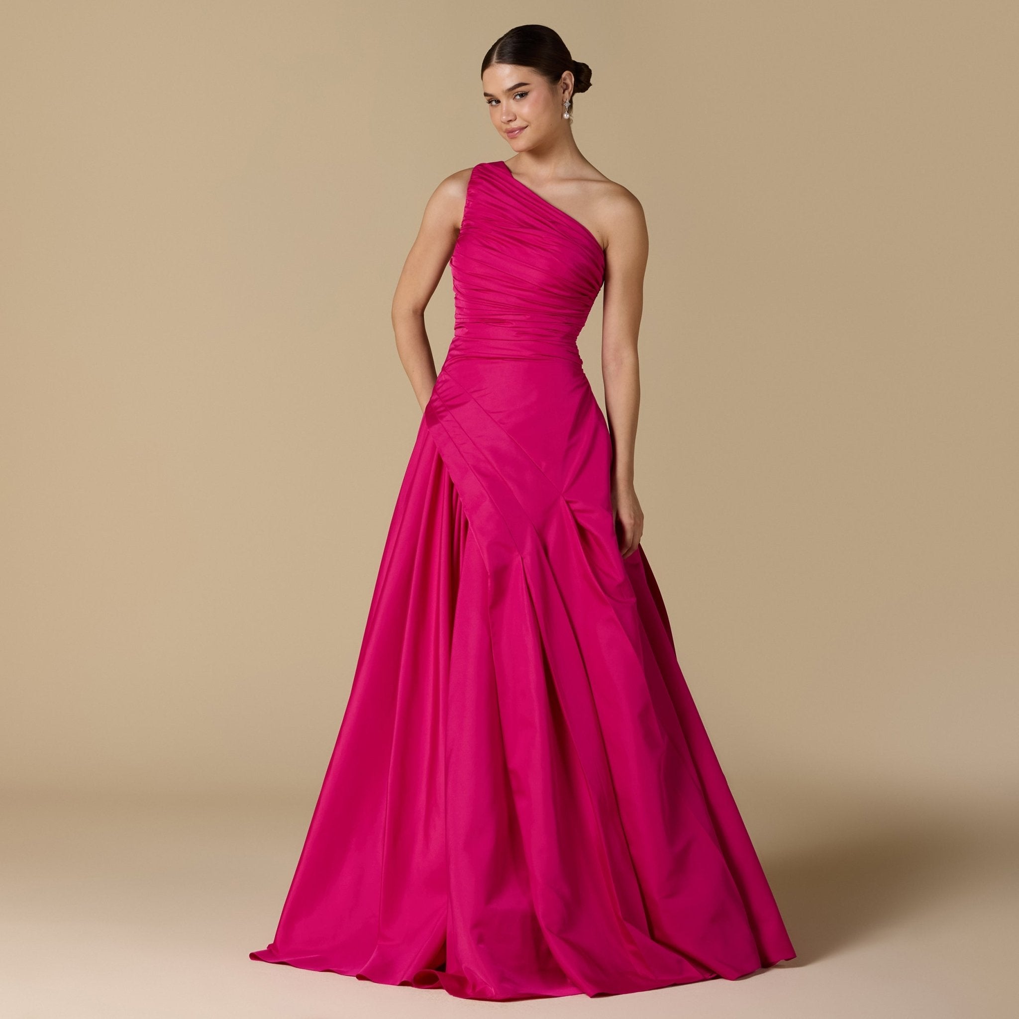 Pink One Shoulder Ruched Gown - shopaleena