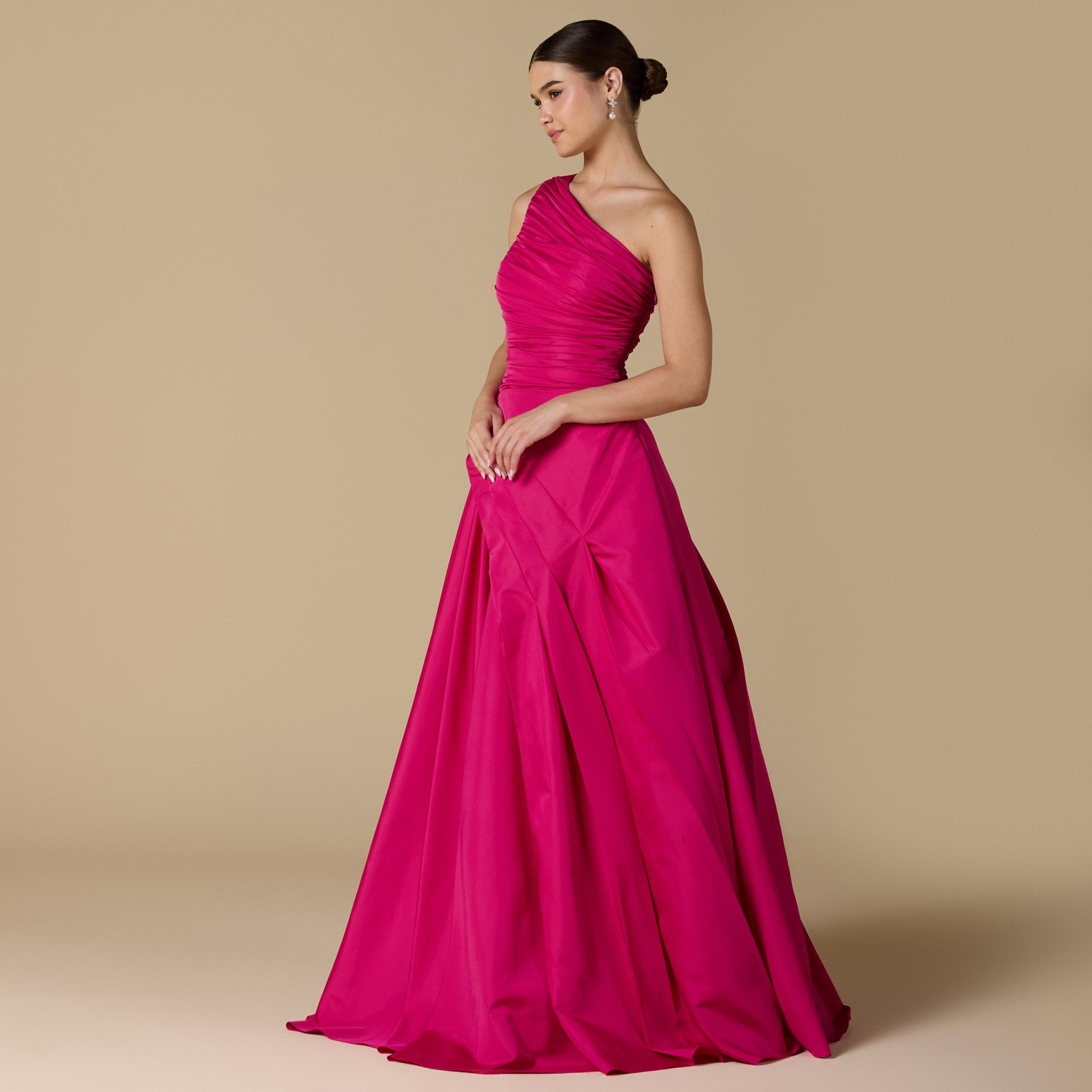 Pink One Shoulder Ruched Gown - shopaleena