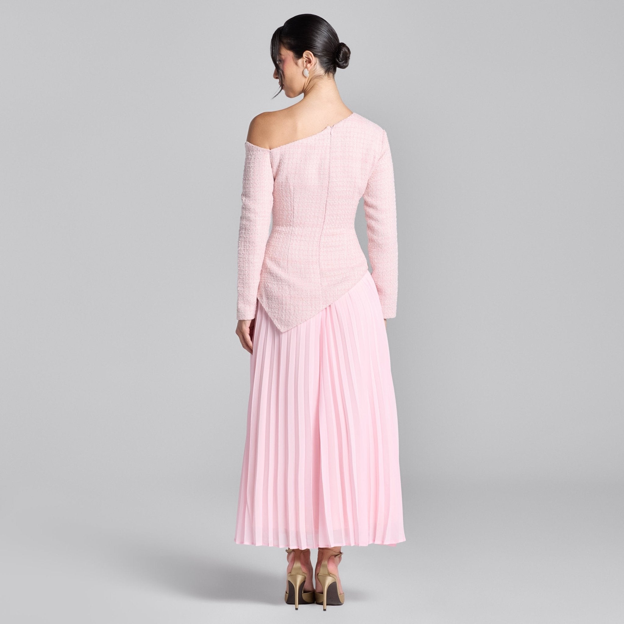 Pink One - Shoulder Tweed - Chiffon Maxi Dress - shopaleena