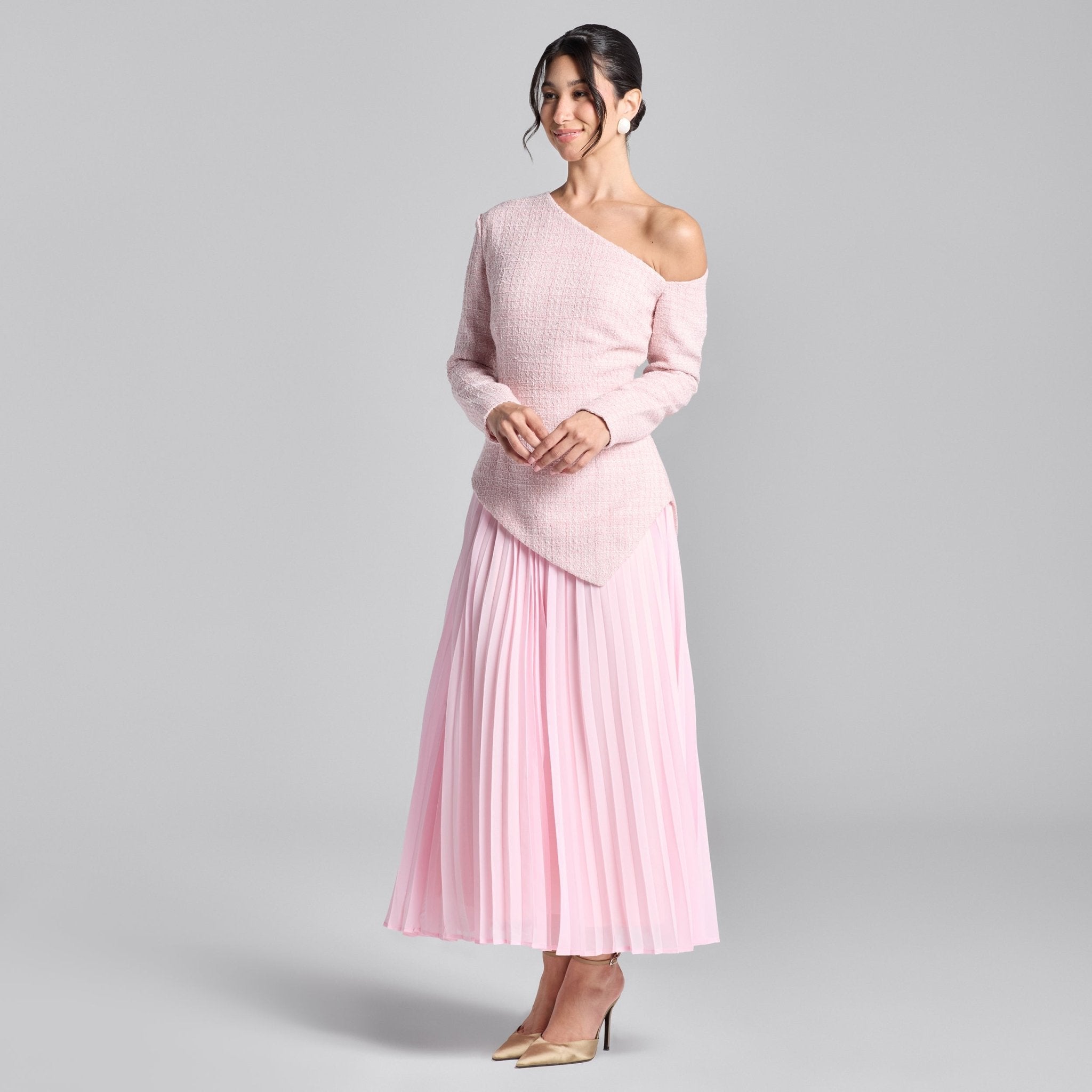 Pink One - Shoulder Tweed - Chiffon Maxi Dress - shopaleena